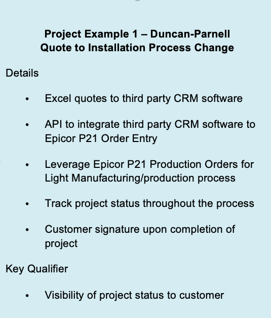 Project Example 1 – Duncan-Parnell ?Quote to Installation Process Change